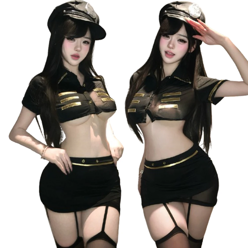 Women Officer Stewardess Cosplay Lingerie Set Stripe Sheer Crop Top Mini Skirt Hat Garter Stockings Roleplay Sexy Uniform Outfit
Women Officer Stewardess Cosplay Lingerie Set Stripe Sheer Crop Top Mini Skirt Hat Garter Stockings Roleplay Sexy Uniform Outfit