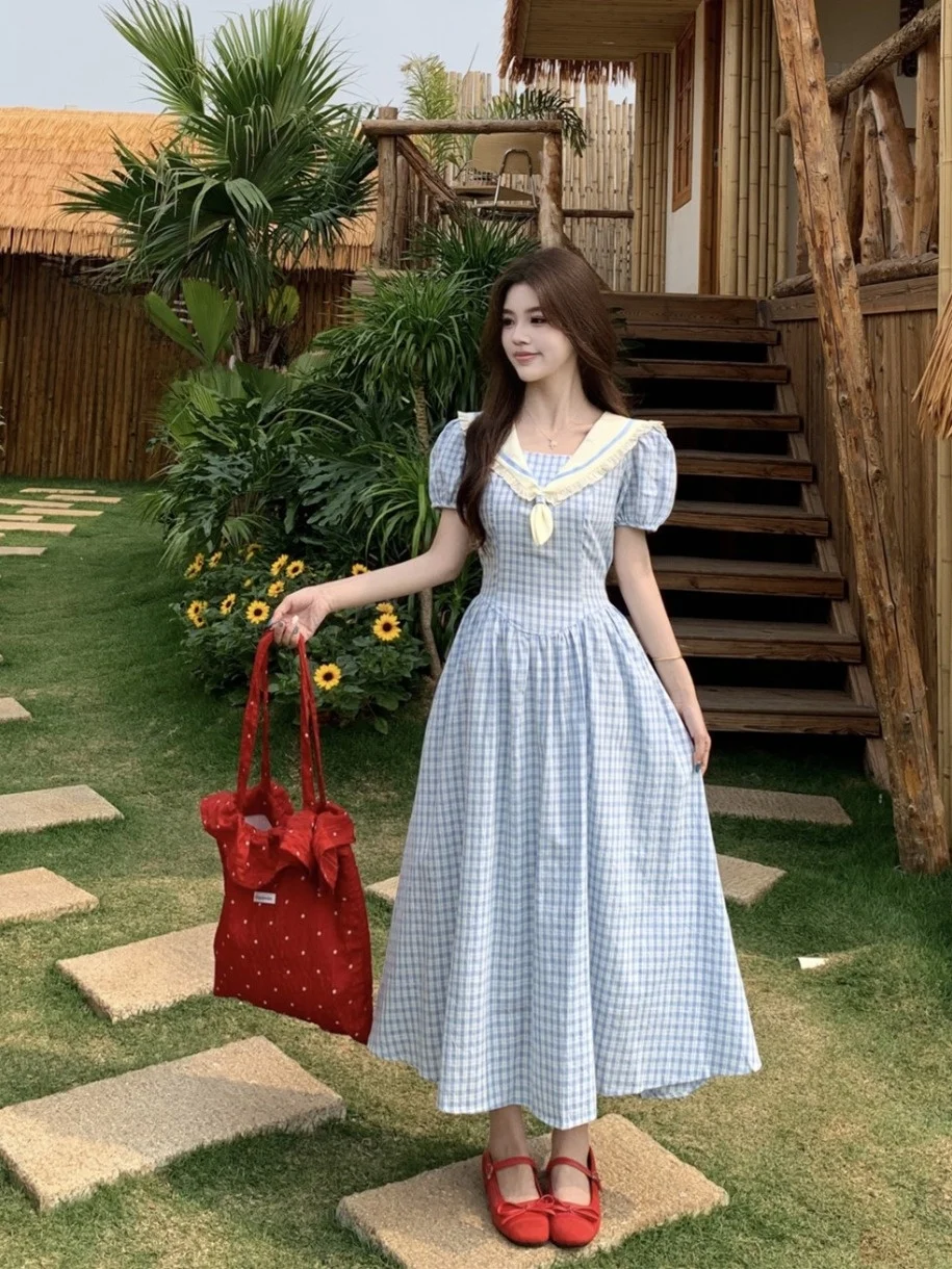 plus Size Bubble Sleeve Naval Collar Dress Slimming Waist Design Plaid Long Summer New Style Women's Korean Style A-Line Dress
plus Size Bubble Sleeve Naval Collar Dress Slimming Waist Design Plaid Long Summer New Style Women's Korean Style A-Line Dress