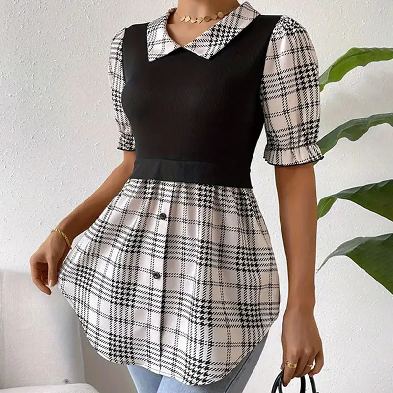Women'S Fake Two Piece Short Sleeved Bubble Sleeve Contrasting Splicing Top Button Checkered Irregular Dress
Women'S Fake Two Piece Short Sleeved Bubble Sleeve Contrasting Splicing Top Button Checkered Irregular Dress