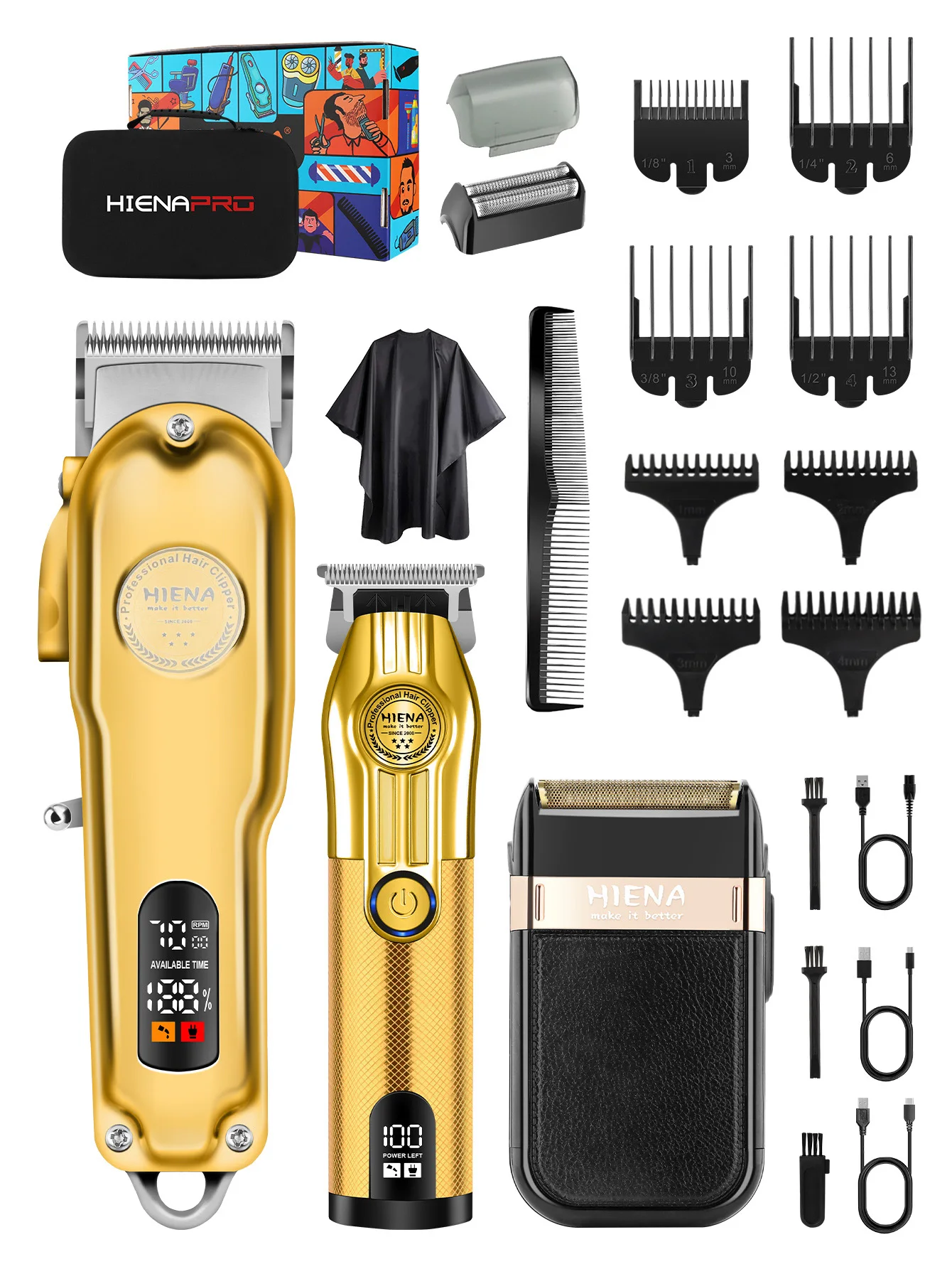Professional Barber Shop Men's Hair Clipper Gold-Tone 3-Piece Set with Stainless Steel Blades and Super-Powered Motor
Professional Barber Shop Men's Hair Clipper Gold-Tone 3-Piece Set with Stainless Steel Blades and Super-Powered Motor