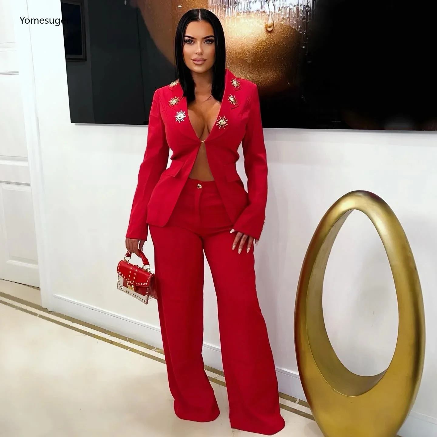 Yomesuger Elegant 2 Piece Set Women Sexy Deep V-Neck Appliques Full Sleeve Blazers+Straight Pants Matching Office Streetwear
Yomesuger Elegant 2 Piece Set Women Sexy Deep V-Neck Appliques Full Sleeve Blazers+Straight Pants Matching Office Streetwear