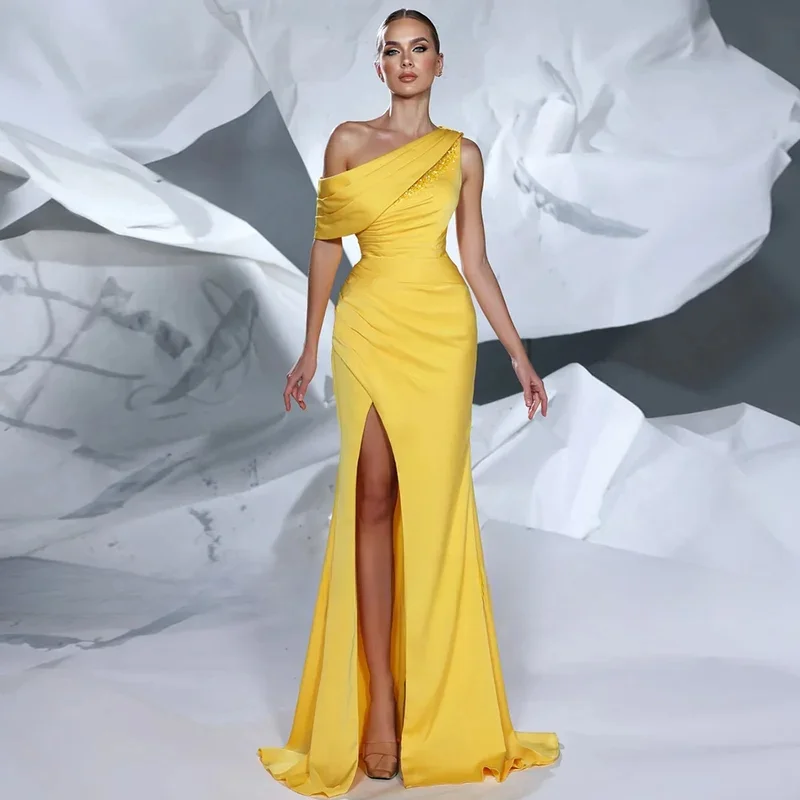 Simple Mermaid Evening Dress One Shoulder Sleeveless Beading Criss Cross Skit Slit Satin Party Dresses Custom Color customized
Simple Mermaid Evening Dress One Shoulder Sleeveless Beading Criss Cross Skit Slit Satin Party Dresses Custom Color customized