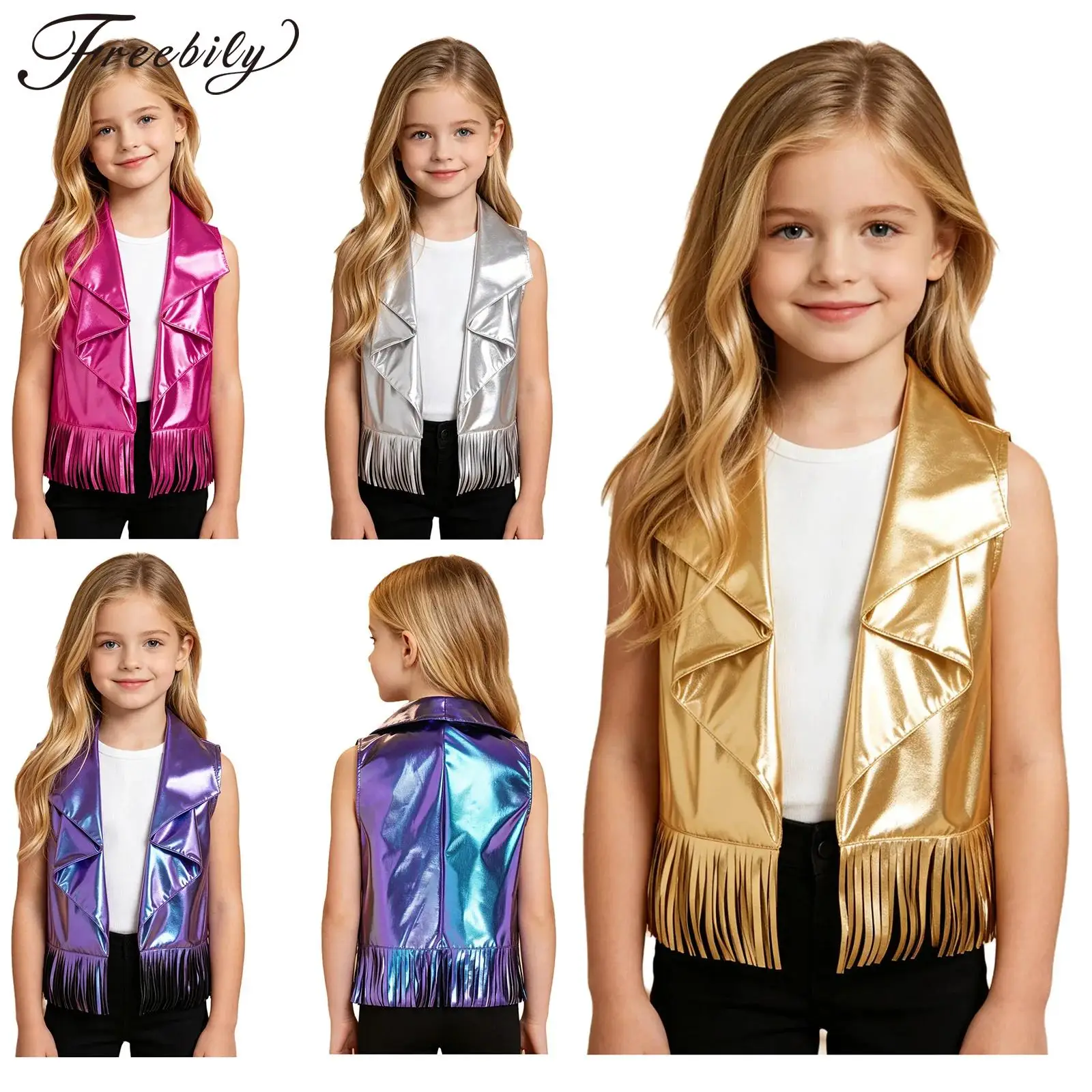 Kids Girls Shiny Metallic Open Front Vest Lapel Waterfall Collar Tassel Trim Tank Top Sleeveless Jazz Hip Hop Dance Waistcoat
Kids Girls Shiny Metallic Open Front Vest Lapel Waterfall Collar Tassel Trim Tank Top Sleeveless Jazz Hip Hop Dance Waistcoat