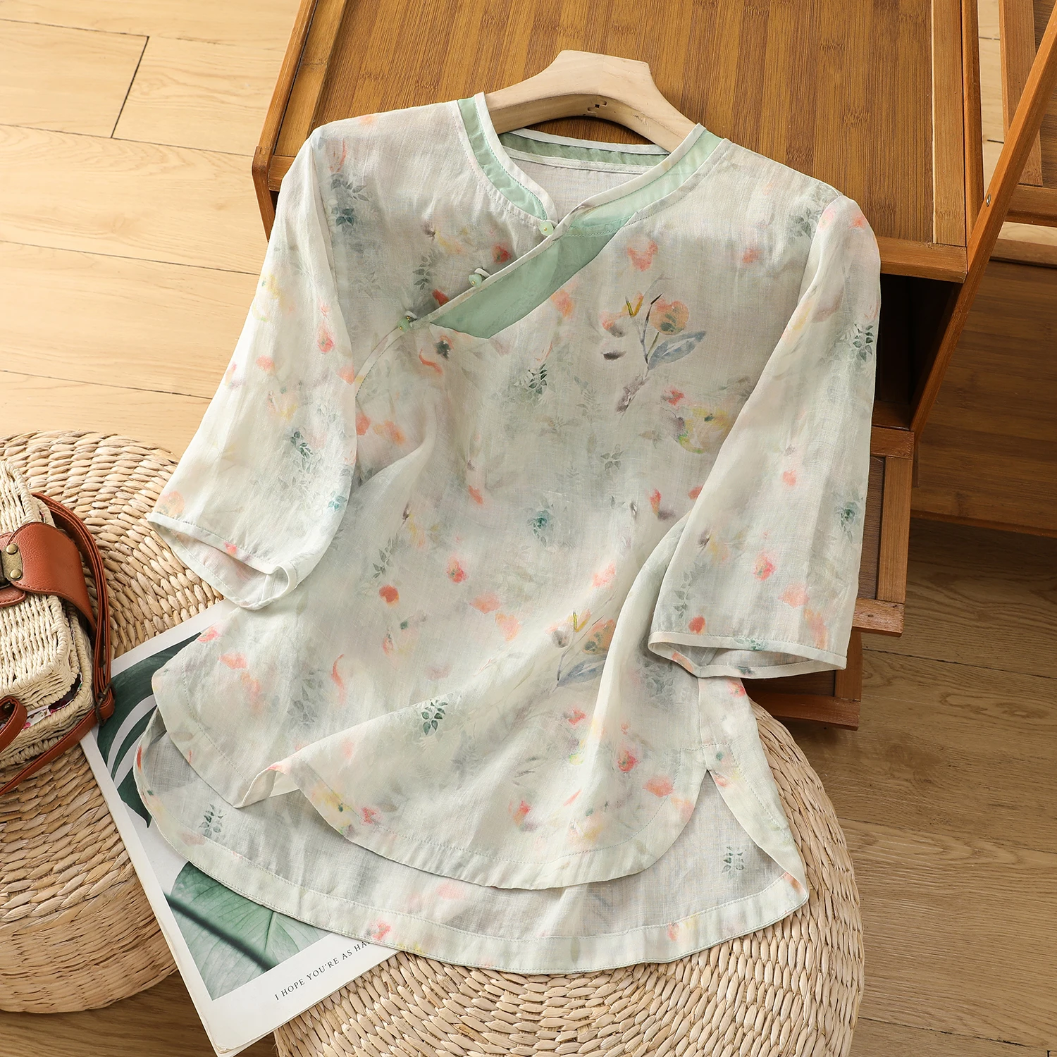 Summer Floral Cotton Linen Short Sleeve Shirt Women's Commute Casual Loose Fit Stand Collar Zen Style Tea Ceremony Top
Summer Floral Cotton Linen Short Sleeve Shirt Women's Commute Casual Loose Fit Stand Collar Zen Style Tea Ceremony Top