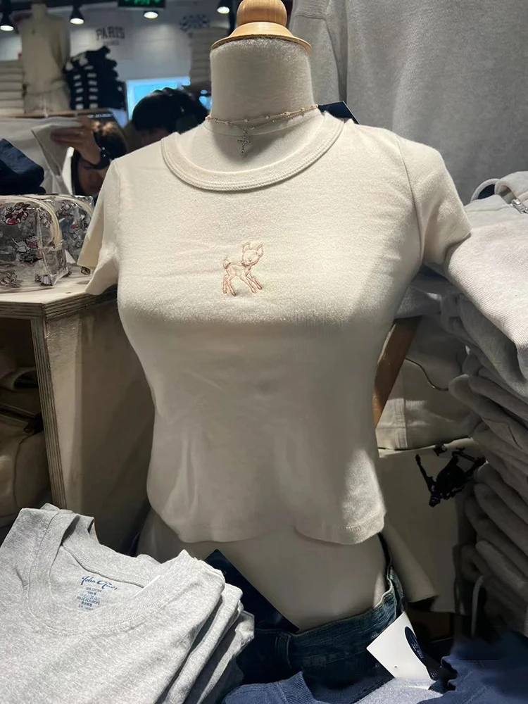 Cute Little Deer Embroidery Crop Top Women Round Neck Soft Cotton Summer Slim T Shirt Vintage Sweet Short Sleeve Tees Tops Y2k
Cute Little Deer Embroidery Crop Top Women Round Neck Soft Cotton Summer Slim T Shirt Vintage Sweet Short Sleeve Tees Tops Y2k