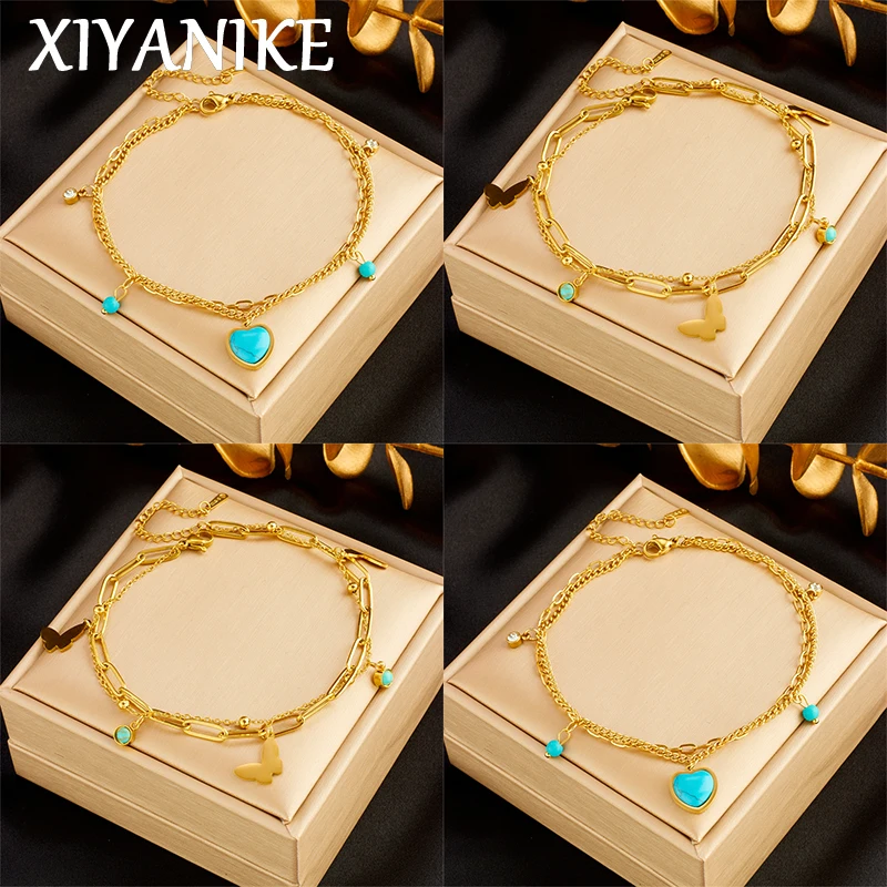 XIYANIKE 316L Stainless Steel Double Layer Butterfly Heart Shaped Blue Stone Anklets Bracelet for Women Summer Beach Accessories
XIYANIKE 316L Stainless Steel Double Layer Butterfly Heart Shaped Blue Stone Anklets Bracelet for Women Summer Beach Accessories