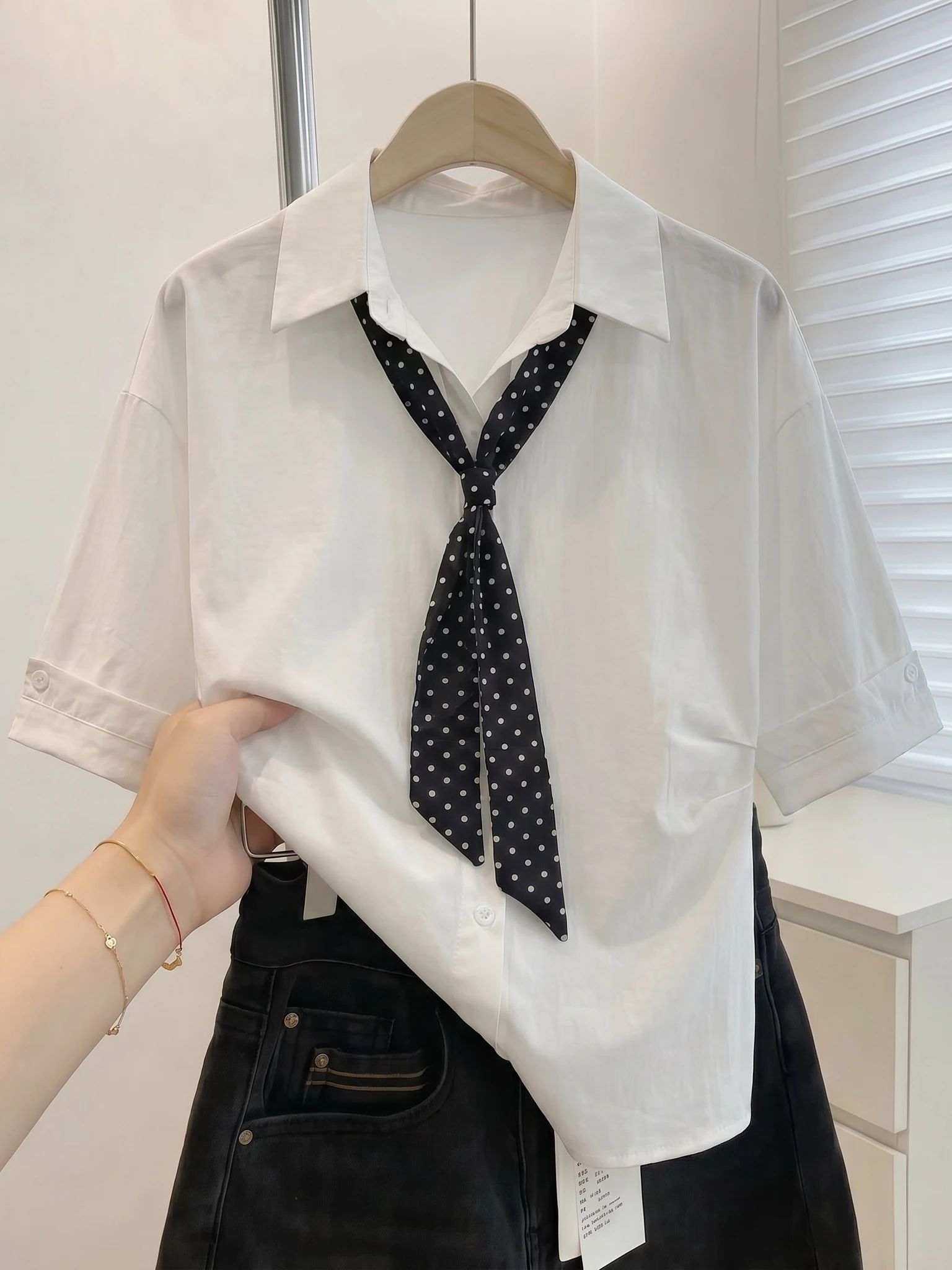 Slimming Polka Dot Tie Shirt Women's Short Sleeve Regular Fit Commute Style Korean Version plus Size Summer New Arrival
Slimming Polka Dot Tie Shirt Women's Short Sleeve Regular Fit Commute Style Korean Version plus Size Summer New Arrival