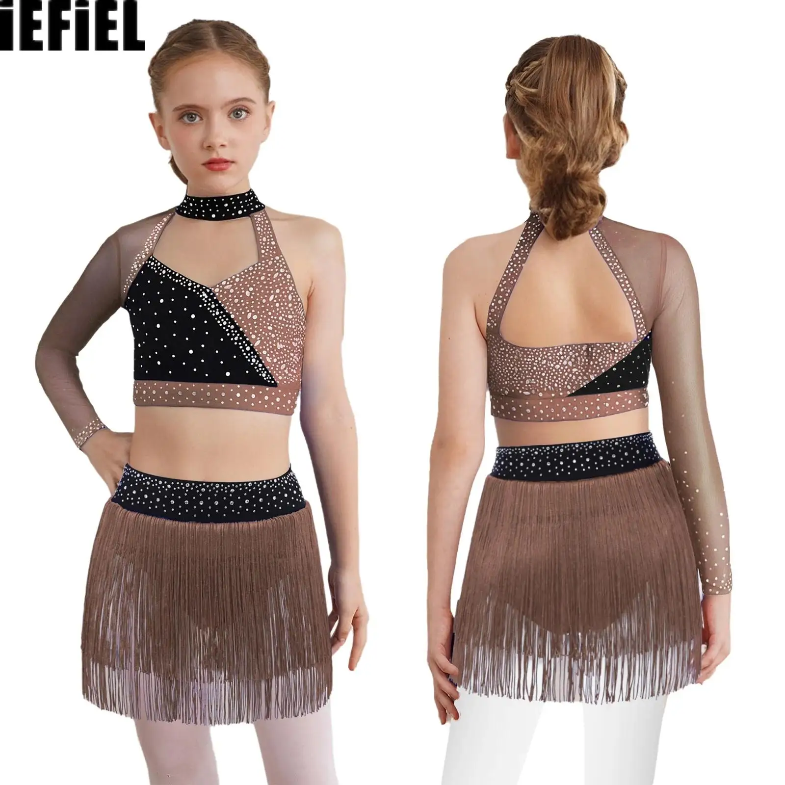 Kids Girls Sheer Mesh Dance Sets Long Sleeve Cutout Back Shiny Rhinestones Color Block Crop Top with Tassel Briefs Skirt
Kids Girls Sheer Mesh Dance Sets Long Sleeve Cutout Back Shiny Rhinestones Color Block Crop Top with Tassel Briefs Skirt