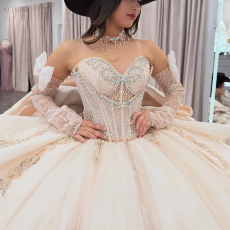 Light Color Quinceanera Dress off-shoulder Glitter Crystal Decal Layering Long tail Big Bow vestidos de 15 Quinceanera Customiz
Light Color Quinceanera Dress off-shoulder Glitter Crystal Decal Layering Long tail Big Bow vestidos de 15 Quinceanera Customiz