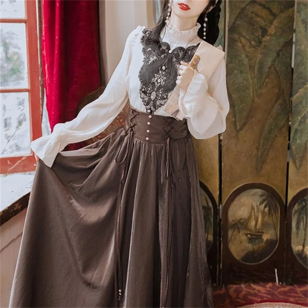 Flare long sleeve lace splicing stand collar vintage celebrity shirt+palace high waist slim long skirt women suit
Flare long sleeve lace splicing stand collar vintage celebrity shirt+palace high waist slim long skirt women suit