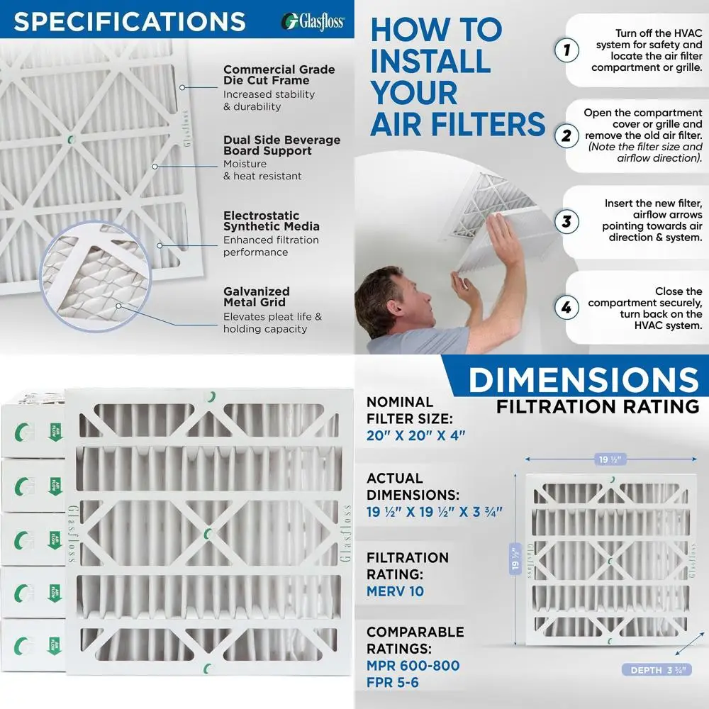 6-Pack 20x20x4 MERV 10 Air & Furnace Filters, Actual Size: 19.5x19.5x3.75
6-Pack 20x20x4 MERV 10 Air & Furnace Filters, Actual Size: 19.5x19.5x3.75