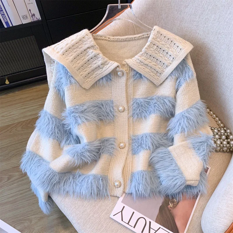 Women Sweater Long Sleeve Knit Striped Jumpers Single Breasted Cardigan Turn Down Collar Loose Spliced Autumn Casual 2025
Women Sweater Long Sleeve Knit Striped Jumpers Single Breasted Cardigan Turn Down Collar Loose Spliced Autumn Casual 2025