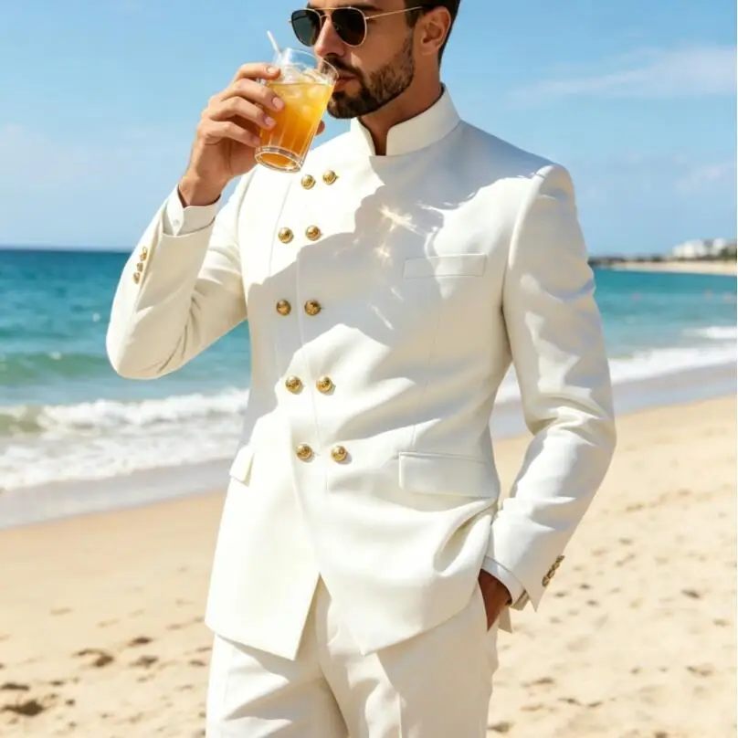 Latest Design White Stand Collar Men Suits Gold Buttons Formal Wedding Tuxedo Prom Party Blazer Pants 2 Piece Set Costume Homme
Latest Design White Stand Collar Men Suits Gold Buttons Formal Wedding Tuxedo Prom Party Blazer Pants 2 Piece Set Costume Homme
