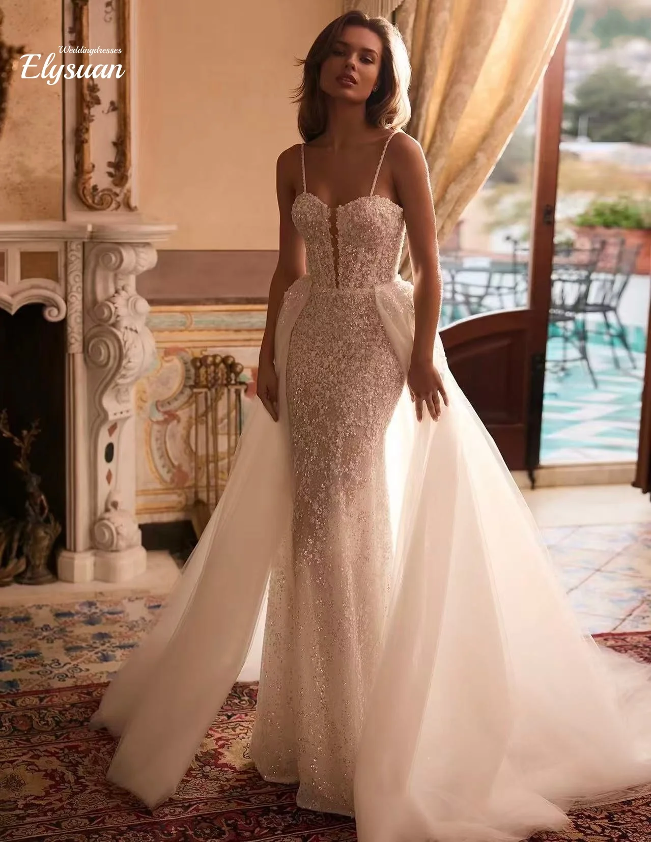 Customized Sweetheart Beaded Spaghetti Straps Mermaid Wedding Dress Sparkly Lace Appliques Detachable Train Princess Bridal Gown
Customized Sweetheart Beaded Spaghetti Straps Mermaid Wedding Dress Sparkly Lace Appliques Detachable Train Princess Bridal Gown