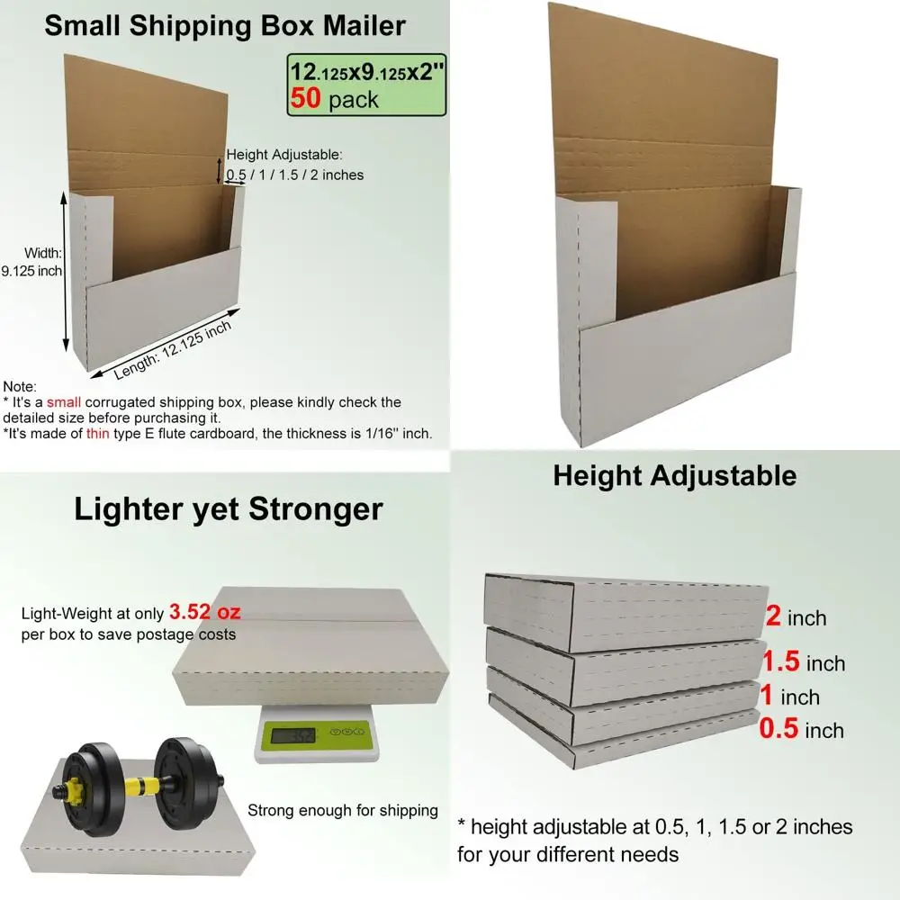 50 Pack 12.125x9.125x2 Adjustable Height Corrugated Mailers for Small Shipping or Mailing Books, White
50 Pack 12.125x9.125x2 Adjustable Height Corrugated Mailers for Small Shipping or Mailing Books, White