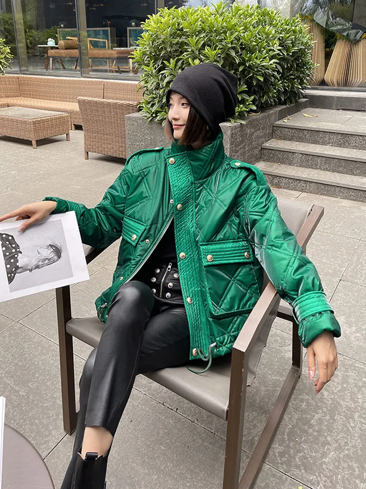 Winter Women Stand Collar Down Cotton Padded Coat Glossy Warm Lingge Pocket Drawstring Cotton Outwear Casual Female Parkas
Winter Women Stand Collar Down Cotton Padded Coat Glossy Warm Lingge Pocket Drawstring Cotton Outwear Casual Female Parkas