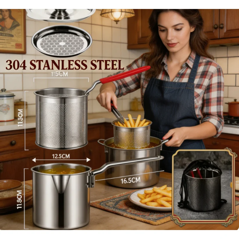 Stainless Steel Deep Fryer Pot with Strainer Small Household Tempura Frying Pan for Fried Chicken French Fries Kitchen Use
Stainless Steel Deep Fryer Pot with Strainer Small Household Tempura Frying Pan for Fried Chicken French Fries Kitchen Use