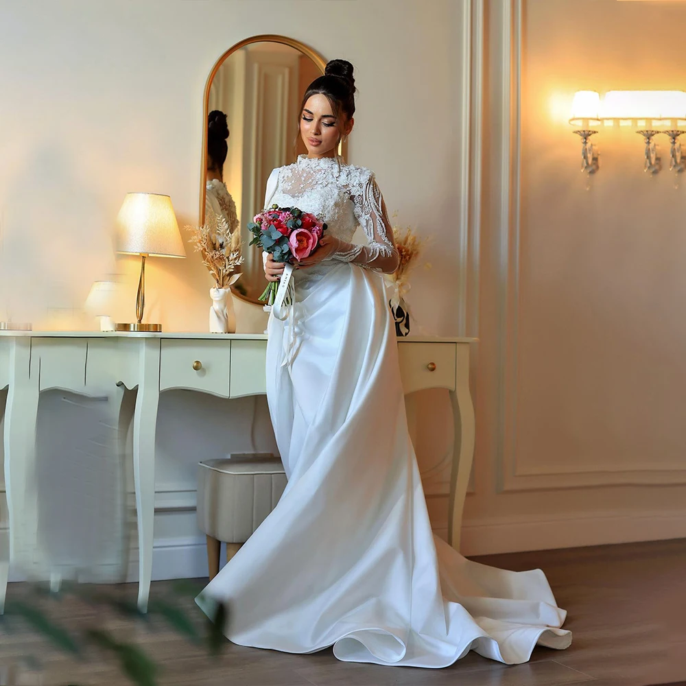 Luxury Weddings Dresses High Neck Illusion Long Sleeve Mermaid Bride Dress Beading Flowers Bridal Gown Customized robe de mariée 
Luxury Weddings Dresses High Neck Illusion Long Sleeve Mermaid Bride Dress Beading Flowers Bridal Gown Customized robe de mariée