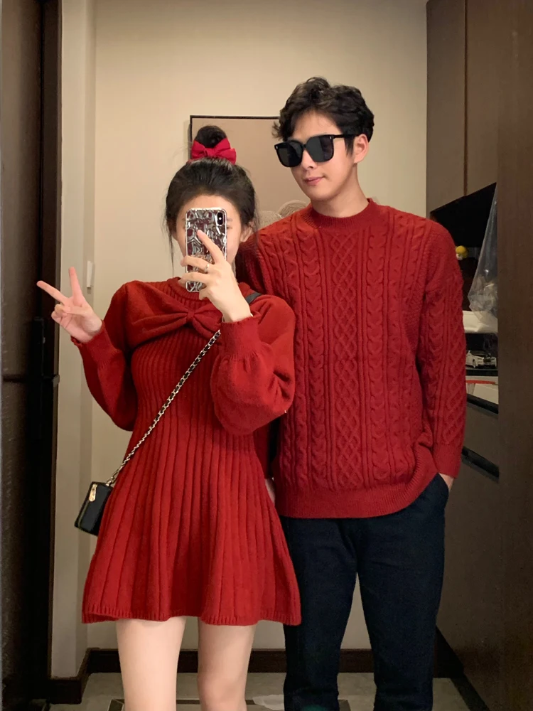 New Year Couple Sweater Dress Knot Waist Cinched Knitted Dress One Skirt One Dress Casual Style Long Sleeve round Neck
New Year Couple Sweater Dress Knot Waist Cinched Knitted Dress One Skirt One Dress Casual Style Long Sleeve round Neck