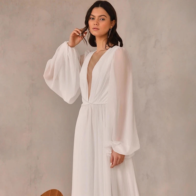 Simple Cheap Deep Long Puff Sleeves Deep V-neck Boho Beach Wedding Dresses See Through Back Bridal Grown
Simple Cheap Deep Long Puff Sleeves Deep V-neck Boho Beach Wedding Dresses See Through Back Bridal Grown