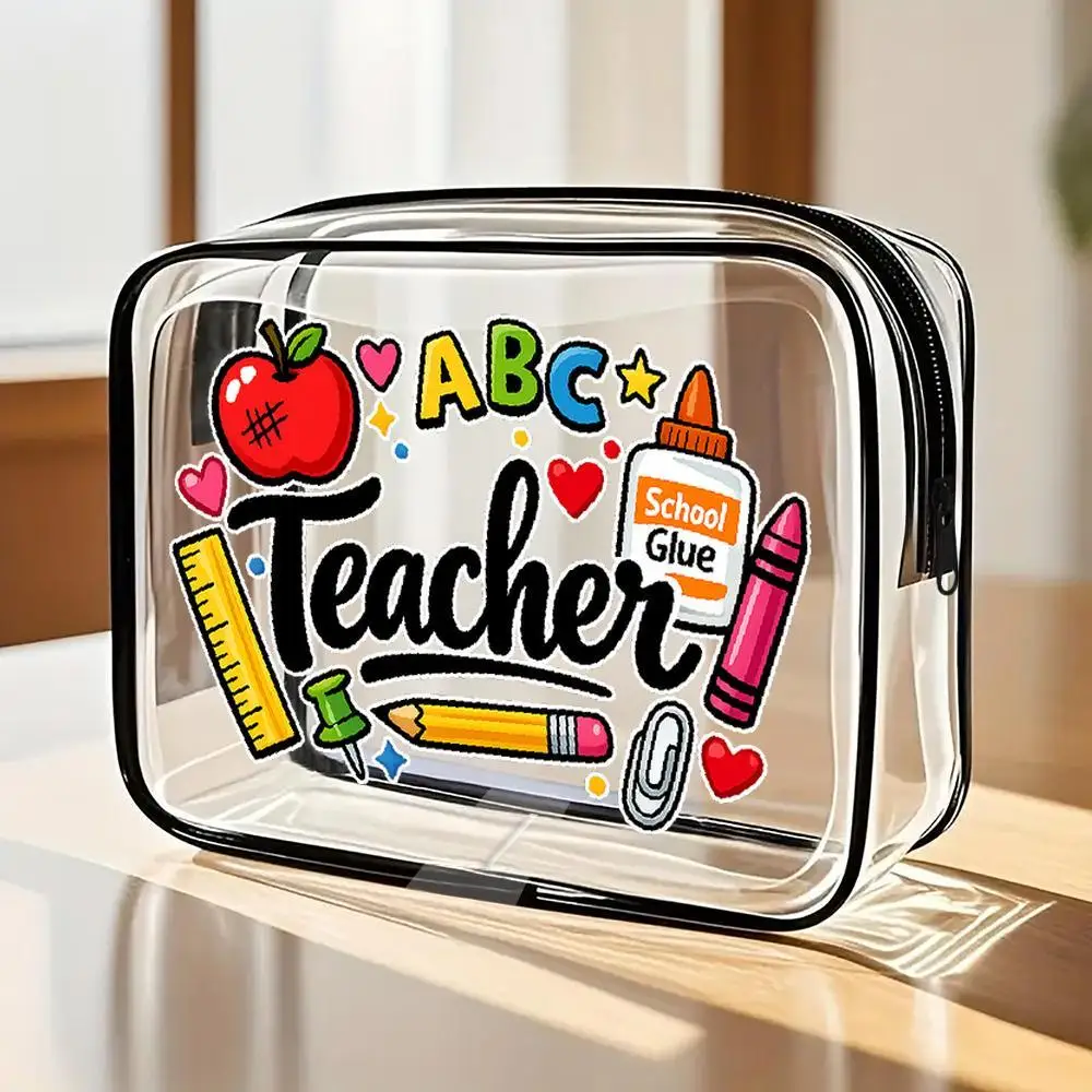 Toiletry Bag Teacher School Supplies Themed Clear PVC Zipper Cosmetic Bag Kawaii Colorful Design With Apple Ruler Glue Illustr
Toiletry Bag Teacher School Supplies Themed Clear PVC Zipper Cosmetic Bag Kawaii Colorful Design With Apple Ruler Glue Illustr