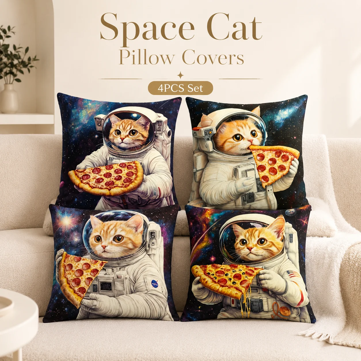 4PCS Set Space Cat Pillowcase 2D Flat Printed Peach Skin Astronaut Pizza Galaxy Cushion Cover Funny Sofa Home Decor For Kids
4PCS Set Space Cat Pillowcase 2D Flat Printed Peach Skin Astronaut Pizza Galaxy Cushion Cover Funny Sofa Home Decor For Kids