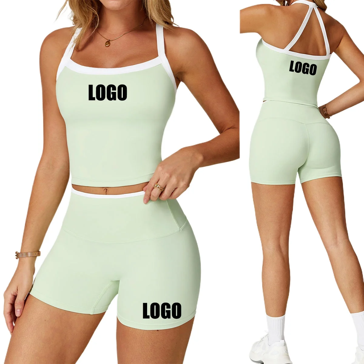 Женский логотип контрастных цветов с индивидуальным логотипом, обтягивающая одежда для йоги с крестом на спине, спортивный жилет для бега, шорты, комплект из двух предметов 
Женский логотип контрастных цветов с индивидуальным логотипом, обтягивающая одежда для йоги с крестом на спине, спортивный жилет для бега, шорты, комплект из двух предметов