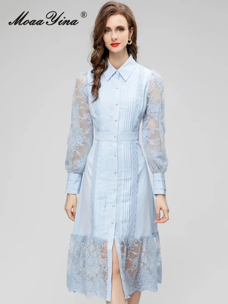 MoaaYina Autumn Fashion Designer Light Blue Vintage Dress Women's Lapel Ruched Button Lace Embroidery High Waist Slim Long Dress
MoaaYina Autumn Fashion Designer Light Blue Vintage Dress Women's Lapel Ruched Button Lace Embroidery High Waist Slim Long Dress