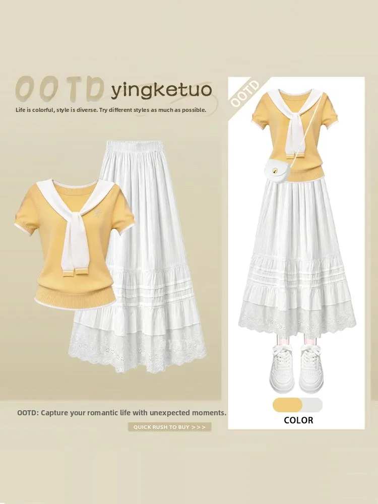 Summer Korean Style Color Block Navy Collar Slim Fit Short Sleeve Knitted Top And Skirt Lace Splicing Anti Aging Two Pie...
Summer Korean Style Color Block Navy Collar Slim Fit Short Sleeve Knitted Top And Skirt Lace Splicing Anti Aging Two Pie...