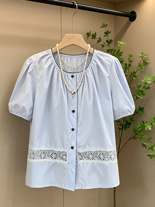 plus Size Summer New Women's Slim Fit round Neck Lace Shirt Loose Meat Covering Short Sleeve Versatile Blouse Top
plus Size Summer New Women's Slim Fit round Neck Lace Shirt Loose Meat Covering Short Sleeve Versatile Blouse Top