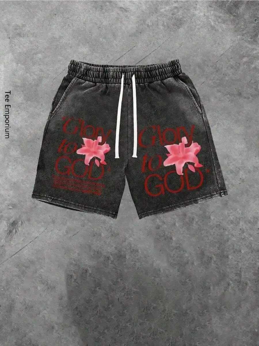 Mens Loose Fit Casual Shorts With Glory To God Floral Print Drawstring Waist Washed Denim Style
Mens Loose Fit Casual Shorts With Glory To God Floral Print Drawstring Waist Washed Denim Style