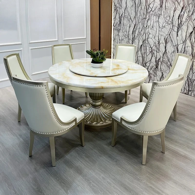 Modern solid wood round table, rock slab dining table and chair combination, one table and 6 chairs, household with turntable
Modern solid wood round table, rock slab dining table and chair combination, one table and 6 chairs, household with turntable