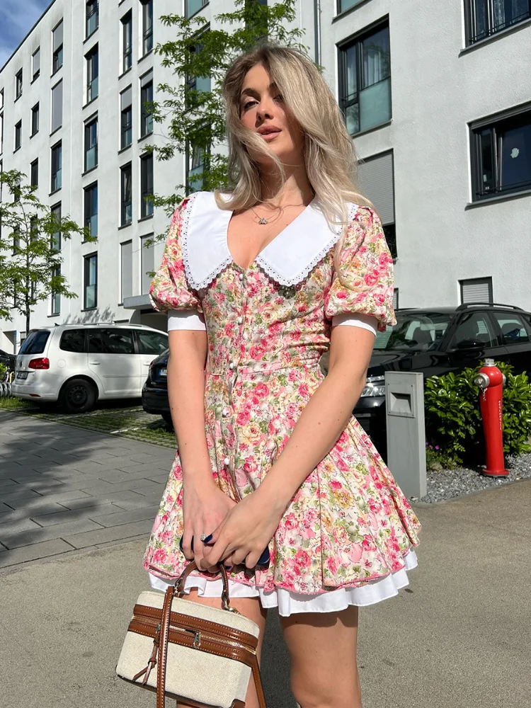 Lapel Puff Short Sleeve Print A-line Mini Dress Fashion Floral Corset Single-breasted Women Summer Dresses Lady Vacation Robes
Lapel Puff Short Sleeve Print A-line Mini Dress Fashion Floral Corset Single-breasted Women Summer Dresses Lady Vacation Robes