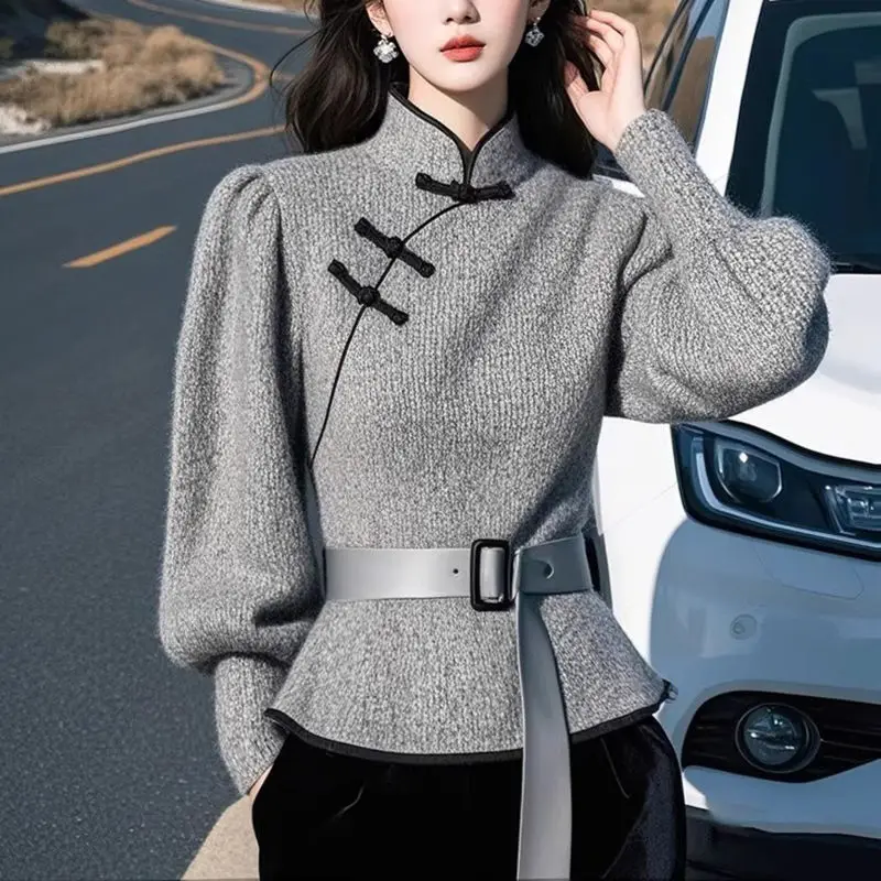 Autumn Winter New Chinese Light National Style Collar Sweater Gray Knitted Sweater
Autumn Winter New Chinese Light National Style Collar Sweater Gray Knitted Sweater