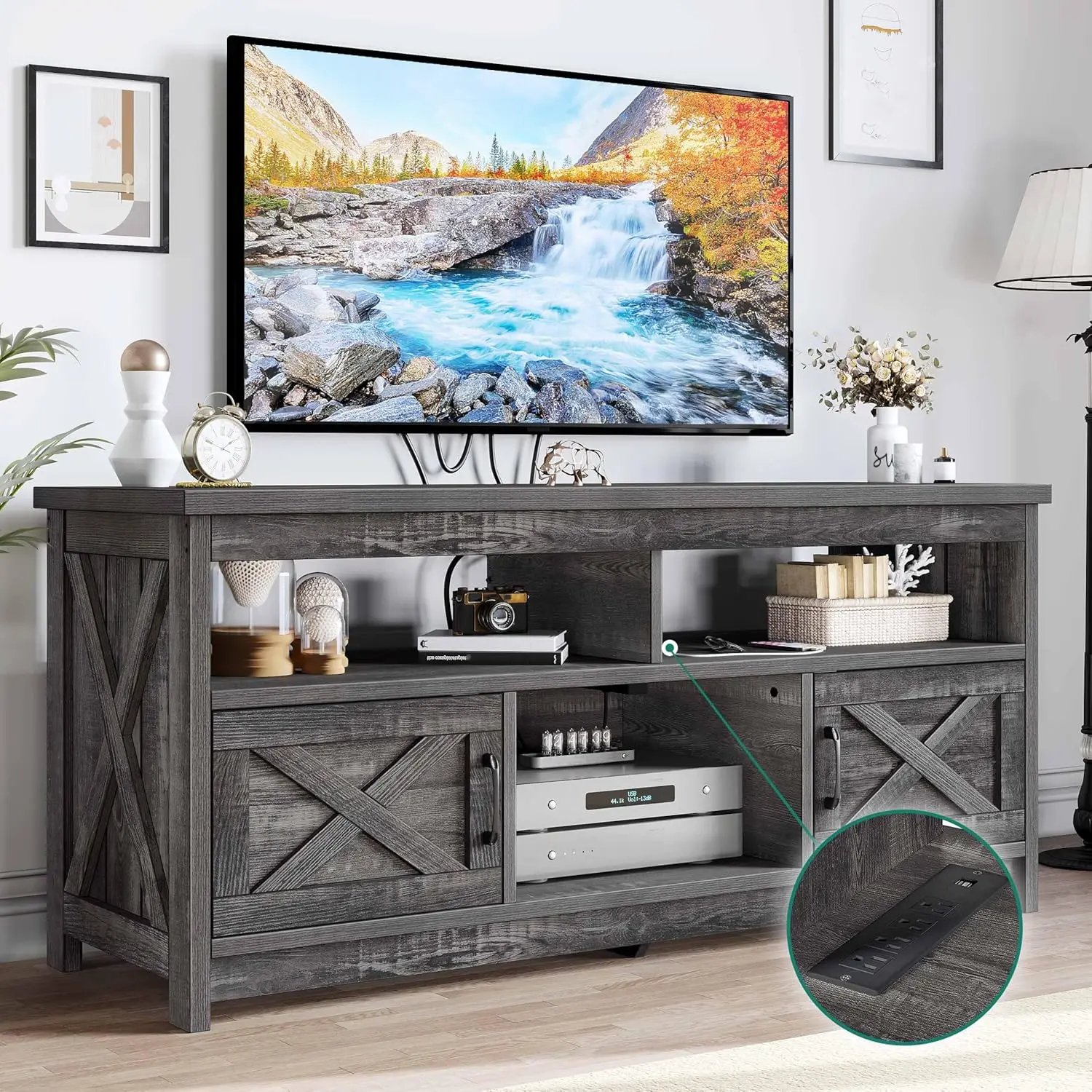 TV Stand for 65 Inch Television Stand, Entertainment Center with Power Outlets and Open Shelf, Rustic Media Console TV
TV Stand for 65 Inch Television Stand, Entertainment Center with Power Outlets and Open Shelf, Rustic Media Console TV
