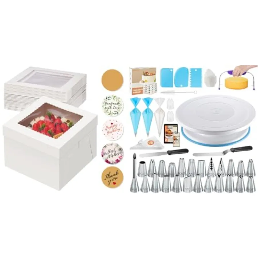15pcs Cake Boxes and 96PCs Cake Decorating Supplies Kits with Cake Turntable
15pcs Cake Boxes and 96PCs Cake Decorating Supplies Kits with Cake Turntable