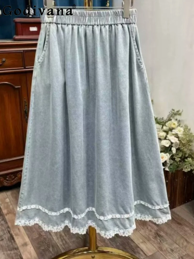 Summer Girl New Elastic Waist Age-reducing Denim Fairy Skirt Fashion Versatile Age-reducing Loose Blue Lace Splicing Skirts
Summer Girl New Elastic Waist Age-reducing Denim Fairy Skirt Fashion Versatile Age-reducing Loose Blue Lace Splicing Skirts