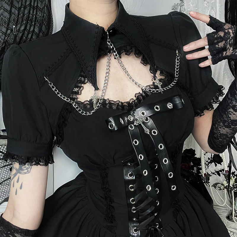 Vintage Black Lace Trim Bandage A-Line Bodycon Mini Dress Goth Short Sleeve Chains Smock Short Dress Women Summer Streetwear
Vintage Black Lace Trim Bandage A-Line Bodycon Mini Dress Goth Short Sleeve Chains Smock Short Dress Women Summer Streetwear