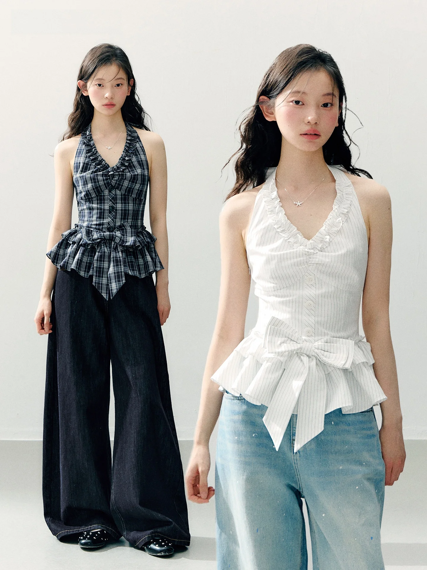 Annatto Summer Original Plaid Knot Neck Hanging Waist in Wide Leg Jeans Set Women's Fashionable Two-Piece Suit
Annatto Summer Original Plaid Knot Neck Hanging Waist in Wide Leg Jeans Set Women's Fashionable Two-Piece Suit
