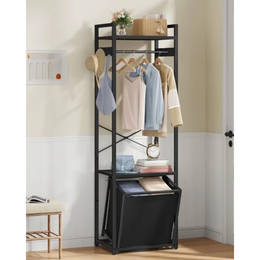 Coat Rack with 35L Tilt Out Basket, Clothes Garment Rack with Dual Shelves and Side Hooks, X-Shaped Sturdy Structure Freestandi
Coat Rack with 35L Tilt Out Basket, Clothes Garment Rack with Dual Shelves and Side Hooks, X-Shaped Sturdy Structure Freestandi