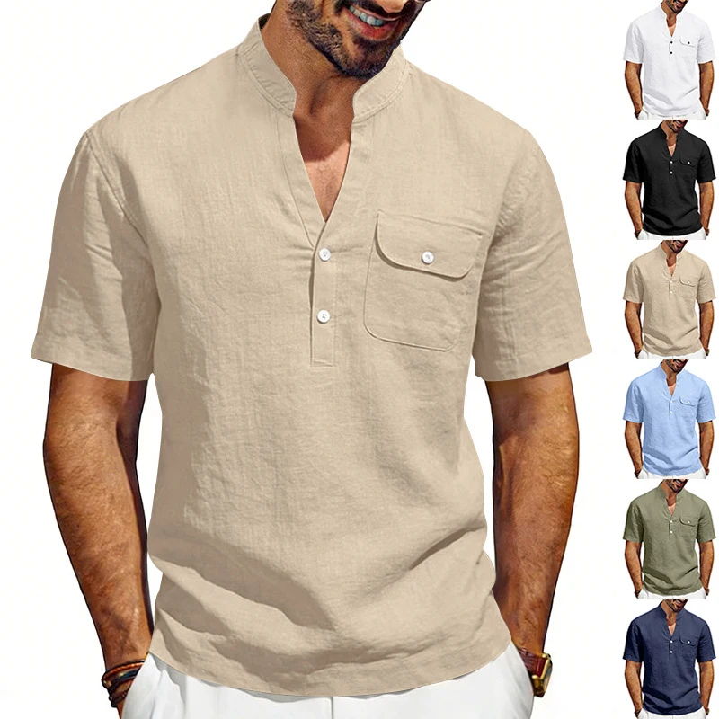 American linen henley short sleeve shirt, loose breathable with cargo pockets, men's daily casual workwear top
American linen henley short sleeve shirt, loose breathable with cargo pockets, men's daily casual workwear top