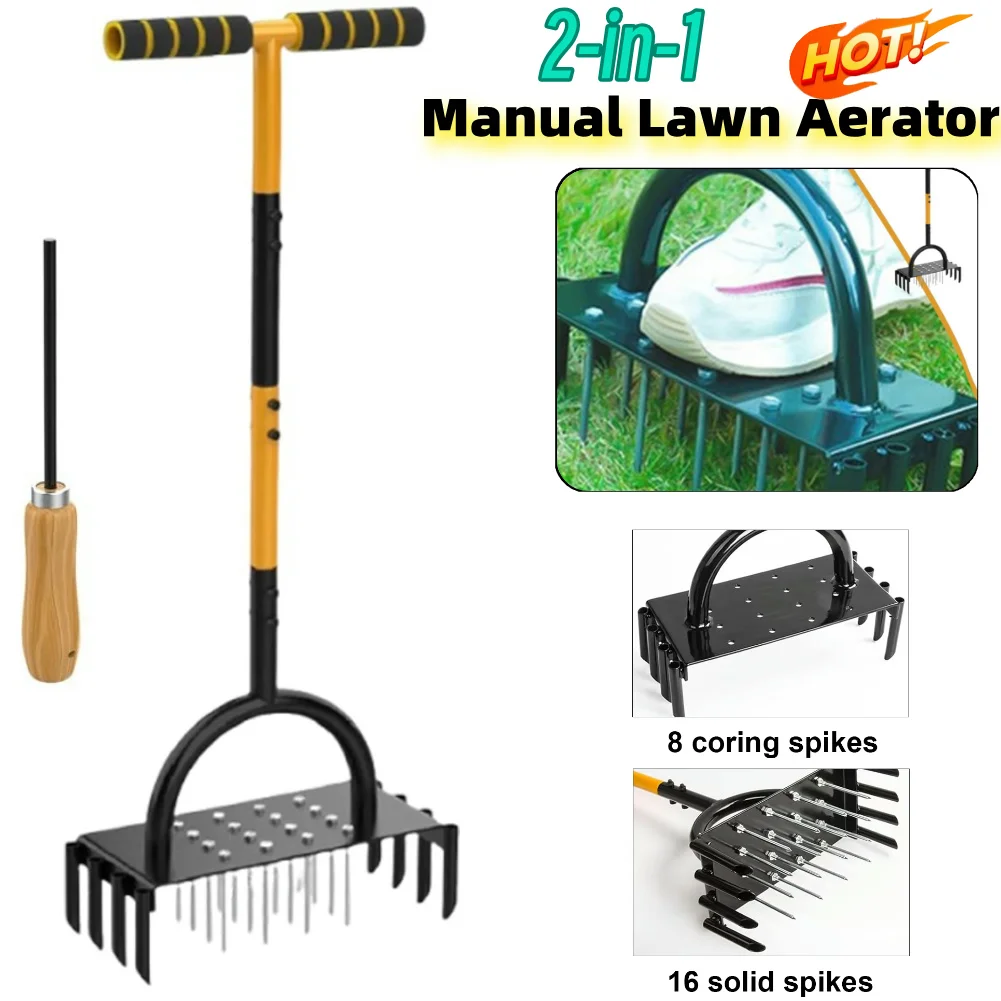 2-in-1 Manual Lawn Aerator Spike Aerating Tool with 16-Spikes Yard Aerator Yard Grass Plug Aerator for Lawn Yard & Garden Care
2-in-1 Manual Lawn Aerator Spike Aerating Tool with 16-Spikes Yard Aerator Yard Grass Plug Aerator for Lawn Yard & Garden Care