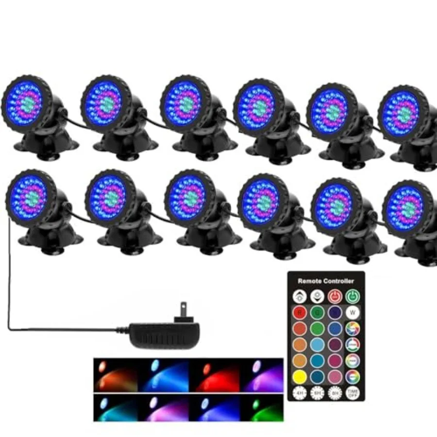 Outdoor pond fountain lights, IP68 waterproof submersible spotlights with timer, memory dimmable colored LED, 12-piece set
Outdoor pond fountain lights, IP68 waterproof submersible spotlights with timer, memory dimmable colored LED, 12-piece set