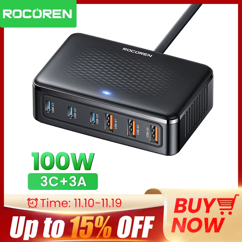 Rocoren USB Charger 100W GaN Charger 6-ports Desktop Fast Charging Type C Charger Portable Power Station For iPhone 17 16 Xiaomi
Rocoren USB Charger 100W GaN Charger 6-ports Desktop Fast Charging Type C Charger Portable Power Station For iPhone 17 16 Xiaomi