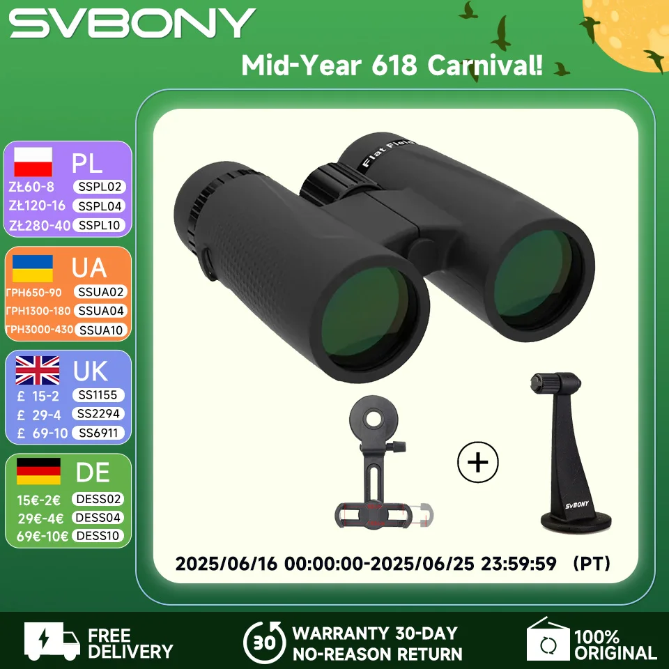 Портативный бинокуляр SVBONY SA205 10x42 ED GLASS с водонепроницаемостью IP67 и призмой Bak-4
Портативный бинокуляр SVBONY SA205 10x42 ED GLASS с водонепроницаемостью IP67 и призмой Bak-4