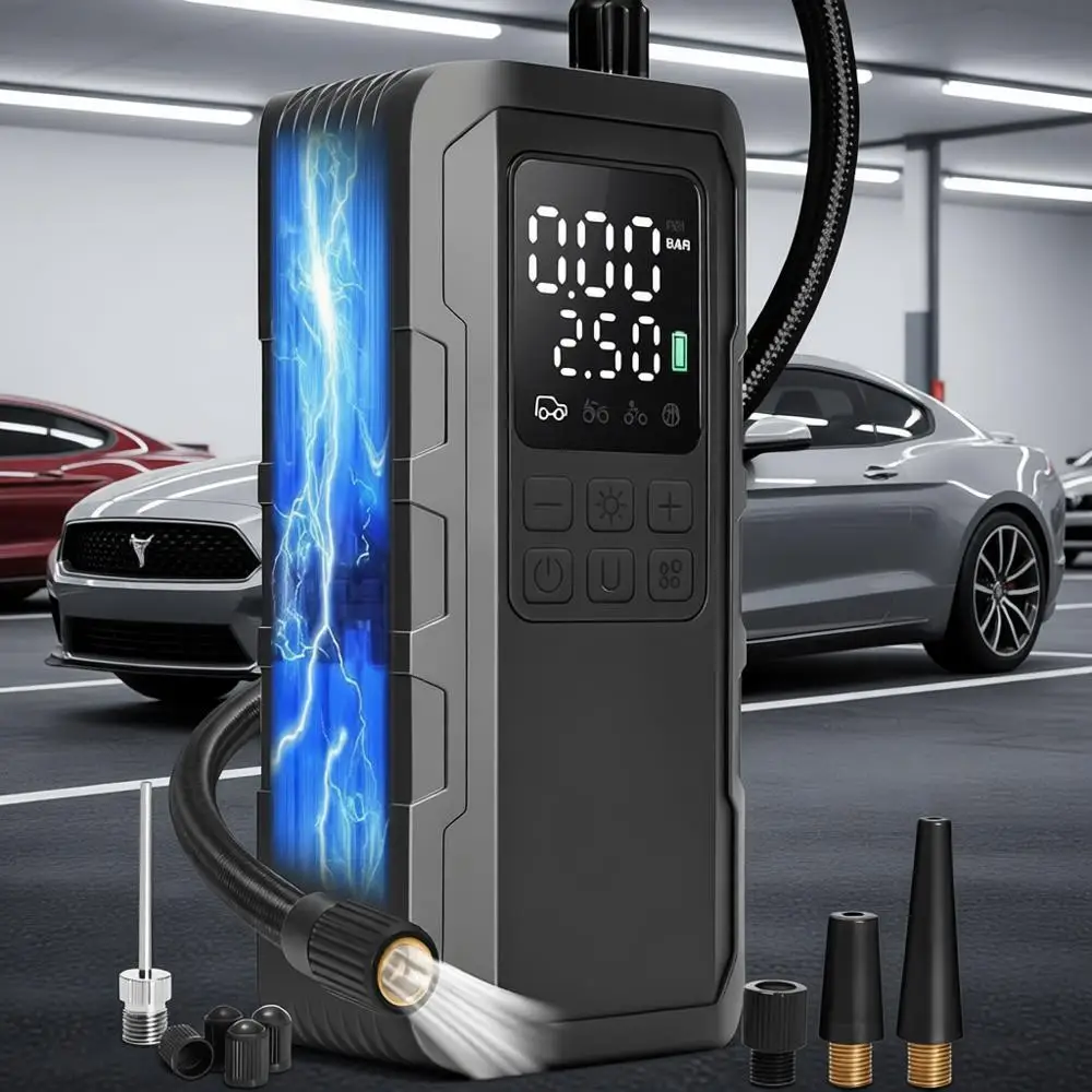 Portable Air Compressor - 150PSI Cordless Pump for Car Tires with Pressure Gauge & LED Lights - 3X Faster Tire Pump for Car, Mot
Portable Air Compressor - 150PSI Cordless Pump for Car Tires with Pressure Gauge & LED Lights - 3X Faster Tire Pump for Car, Mot