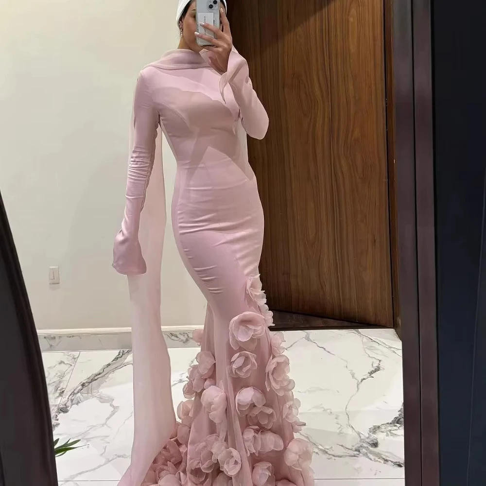 Pink O-Neck Mermaid Luxury Prom Dresses with Scarf Long Sleeve vestidos de noiva 3D Flower Floor-Length Evening Dress Customized
Pink O-Neck Mermaid Luxury Prom Dresses with Scarf Long Sleeve vestidos de noiva 3D Flower Floor-Length Evening Dress Customized
