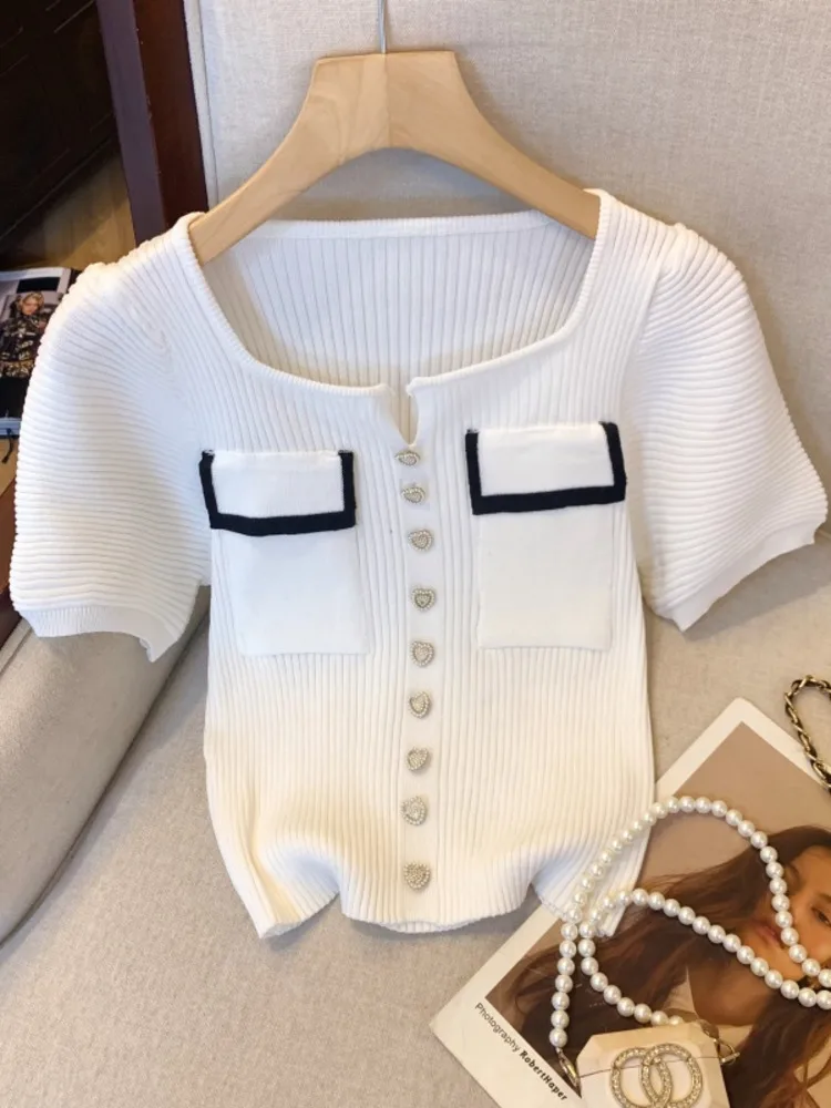Summer Square Collar Sweater Women's Knit T-shirt Casual Short Sleeve Versatile Slim Lady Diamond Button Pullover Knitwear Top
Summer Square Collar Sweater Women's Knit T-shirt Casual Short Sleeve Versatile Slim Lady Diamond Button Pullover Knitwear Top