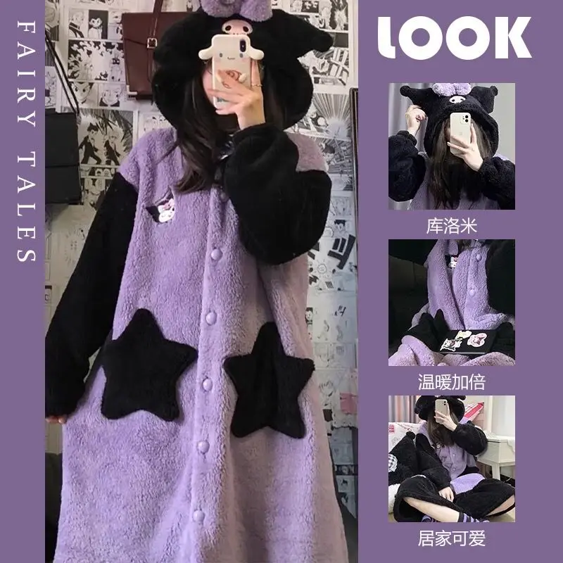 Sanrio Nightgown 2Pcs Kuromi Student Fleece Pajamas Winter Thickened Medium-Length All-Match Set Autumn and Winter Home Clothing
Sanrio Nightgown 2Pcs Kuromi Student Fleece Pajamas Winter Thickened Medium-Length All-Match Set Autumn and Winter Home Clothing