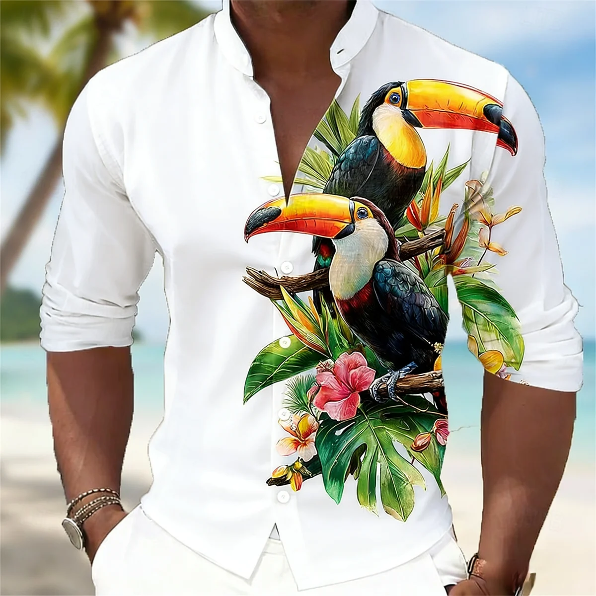 Men's Tropical Floral Palm Leaf Toucan Shirt, Hawaiian Shirt, Stand Collar, Long Sleeve, Casual Vacation Style, Spring/Autumn, 3
Men's Tropical Floral Palm Leaf Toucan Shirt, Hawaiian Shirt, Stand Collar, Long Sleeve, Casual Vacation Style, Spring/Autumn, 3